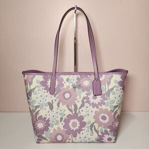 NWT COACH CBG78 City Tote Bag With Floral Print Ivory/Purple Multi
